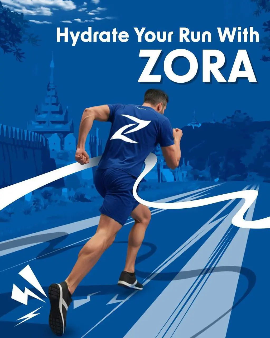 Zora marathon hydration campaign visual showing a runner